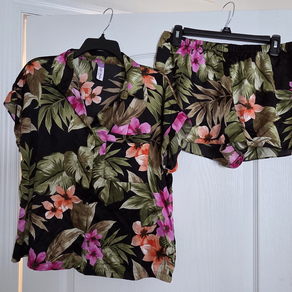 Floral Two-Piece Pajama Set - Black with Pink & Coral Flowers